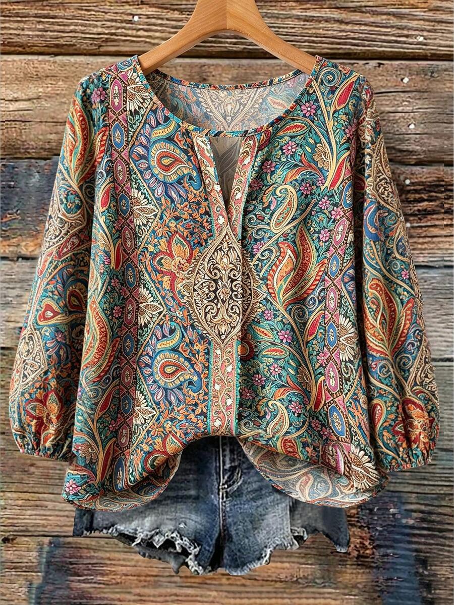 Linhara Plus Size Women's All-Over Print Casual Versatile Everyday Top - Multicolor - View 1