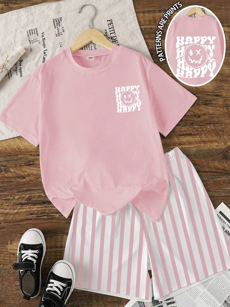 Tween Girls 2pcs Set Fashion Casual Face Letter Front And Back Print Short Sleeve T-Shirt Top With Matching Striped Print Shorts, Soft Set Full Of Summer Energy, Suitable For Outings In Summer - Multicolor - View 4