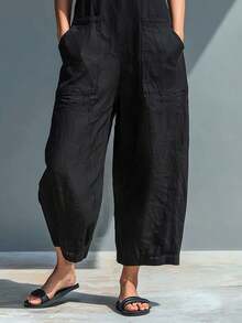 SHEIN PETITE This Pure Cotton Black Jumpsuit Is Lazy And Slimming, With Cargo Pockets And Wide-Leg Silhouette, Creating A Relaxed Vibe! - Black - View 3