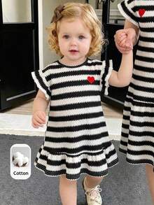 SHEIN Baby Girl Spring Summer Cute Knitted Striped Heart Pattern Short Sleeve Dress - Black and White - View 2