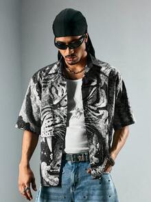ROMWE MEN Street Life Men's Turn-Down Collar Tiger Print Digital Shirt - Black - View 4