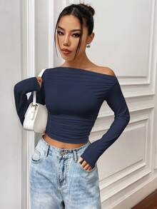 SHEIN Unity 純色不對稱領口＆百褶設計修身短袖t卹 - 藏蓝色 - 查看 6