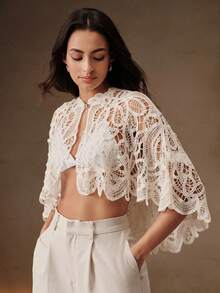 Anewsta Elegant Round Neck Hollow-Out Water-Soluble Crochet & Knit Cape 2 Pieces Women's Top - Apricot - View 3