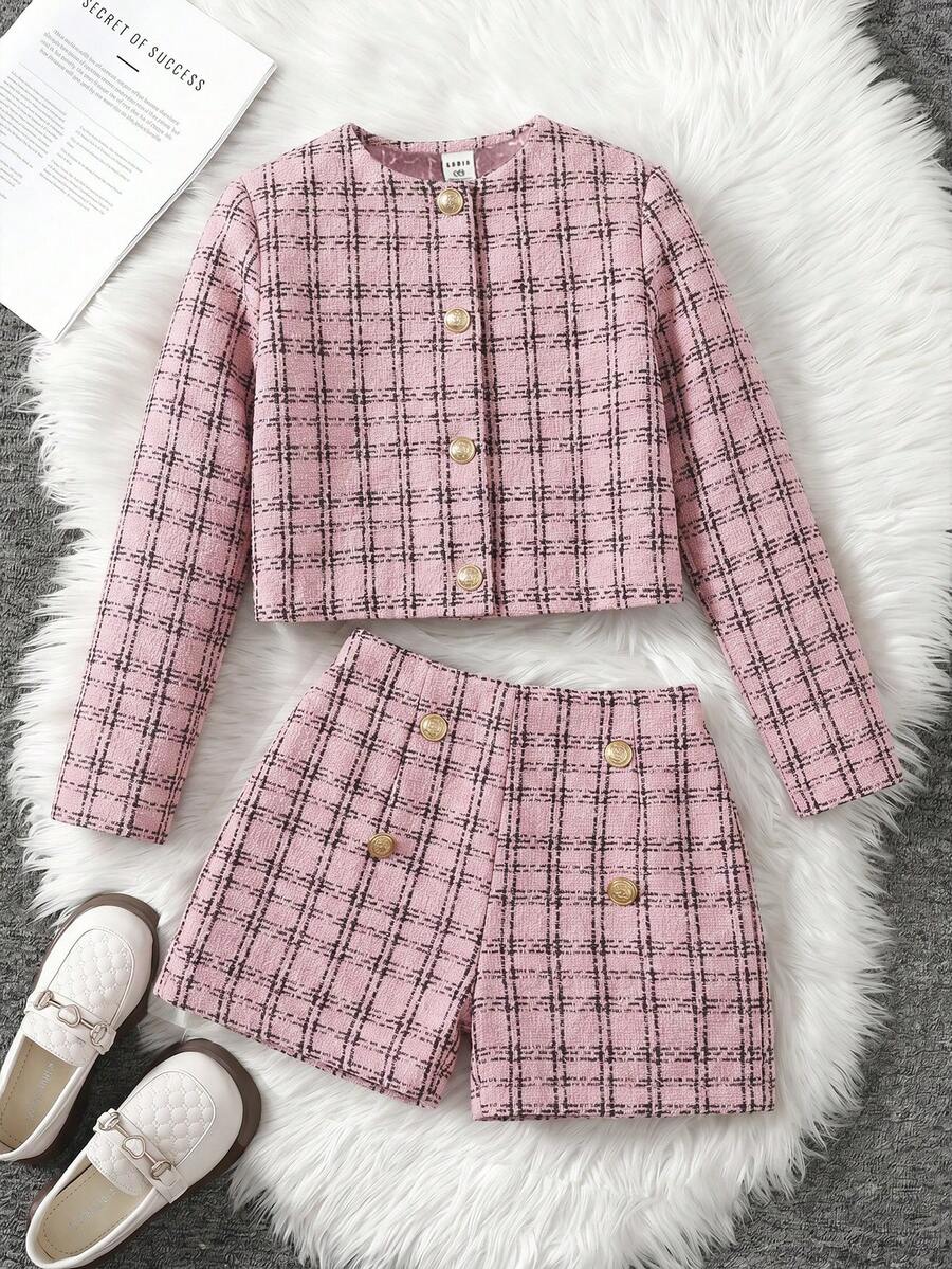 SHEIN 青少年女孩都市時尚長袖格紋夾克與短褲套裝 - 粉色 - 查看 1