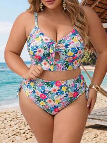 SHEIN CURVE+ 大码女式两件套印花加宽肩带三角比基尼套装，度假沙滩装 - 彩色 - 查看 5