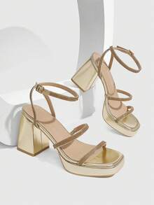 CUCCOO SZL Womens Gold Rhinestone Ankle Strap Chunky Heeled Platform Sandals - Gold - View 1