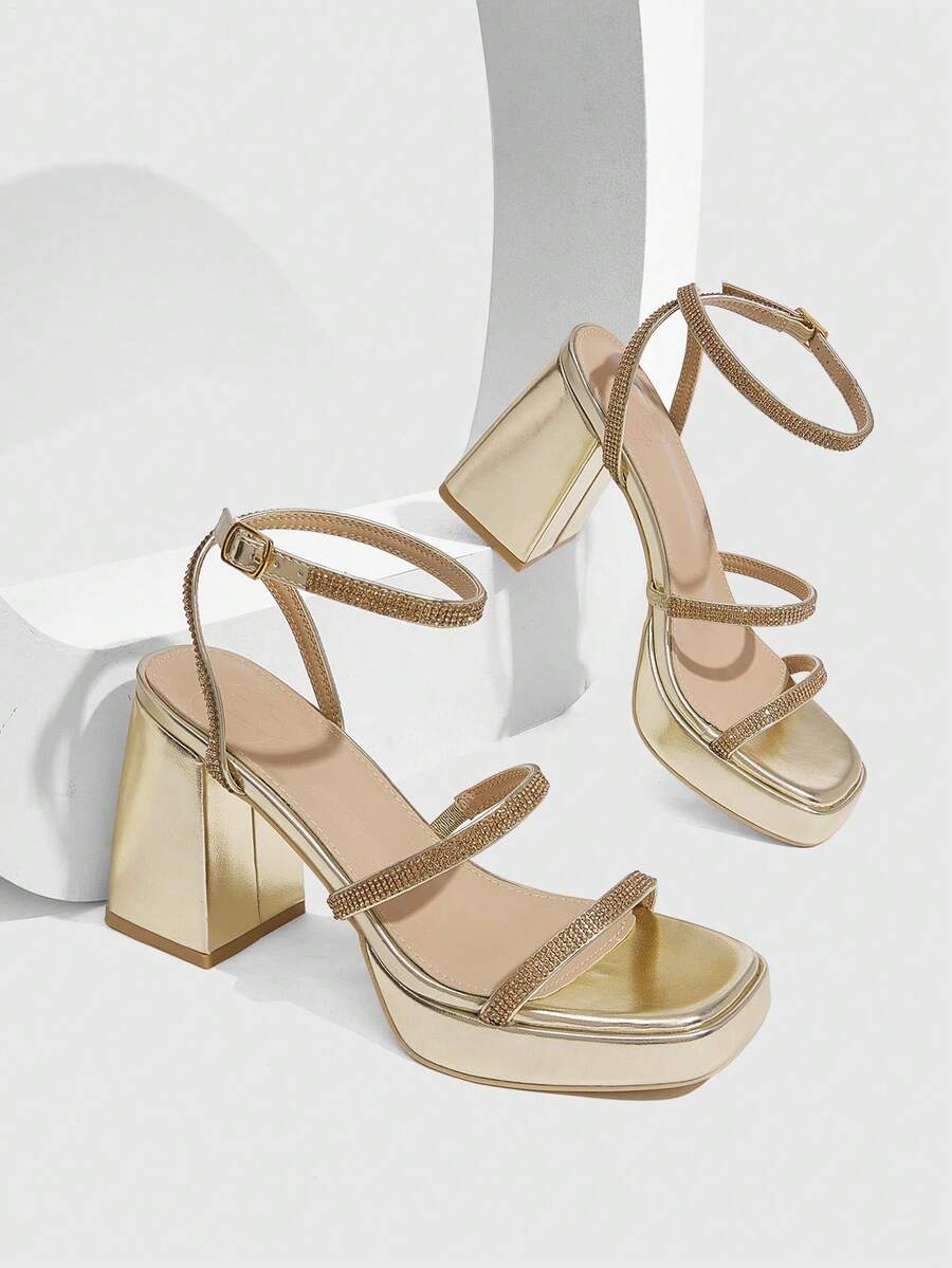 CUCCOO SZL Womens Gold Rhinestone Ankle Strap Chunky Heeled Platform Sandals - Gold - View 1