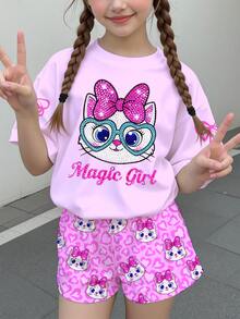 少女休閒極簡可愛亮面質感卡通小貓圖案，粉色蝴蝶結、奶油粉豹紋，短袖上衣與短褲兩件套夏季女童套裝，圖案印花、Kawaii、Y2K、舒適 - 彩色 - 查看 2