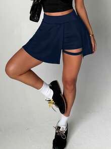 Dewbera Dewbera Women's Summer Tennis Skirt Elastic High Waist Tummy Control Slit A-Line Hem Built-In Shorts Athletic Modest Athleisure Skort Gym Navy Blue - Navy Blue - View 6