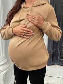 SHEIN Maternity Solid Color Long Sleeve Casual Drawstring Hooded Nursing Sweatshirt Winter - Camel - View 8