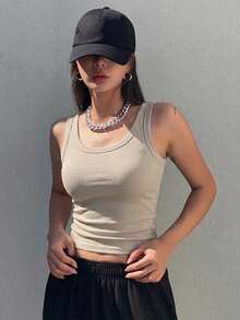 DAZY Women's Solid Color Round Neck Ribbed Casual Versatile Tank Top - Light Grey - View 3