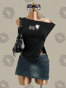 Women's Letter Cartoon Print Side Single-Breasted Top - Black - View 9