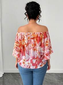 Elenzga Plus Size Women's Casual Floral Print Tie-Front Off-Shoulder Blouse - Multicolor - View 2