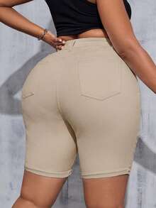 SHEIN Tall CURVE سروال قصير جينز أبيض مرن مقاس كبير للسيدات - كاكي - مشاهدة 2