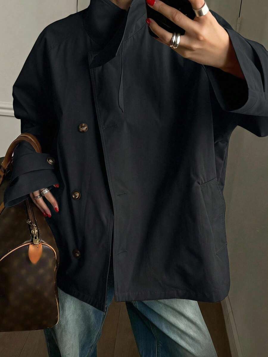DAZY Jaket Wanita Regular Fit Longgar Bahu Jatuh Lengan Pendek Kancing Depan Kerah Tegak Warna Hitam Polos, Musim Panas & Gugur - Hitam - View 1