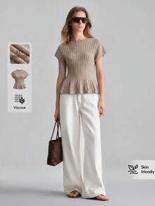 Ontre Women's Solid Color Round Neck Batwing Short Sleeve Cinched Waist Ruffle Hem Knit Top - Mocha Brown - View 8