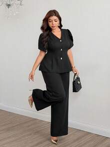 Modelyn Conjunto de 2 piezas para mujer de talla grande con top de manga corta y pantalones largos de unicolor con botones metálicos, estilo casual para ir al trabajo - Negro - Ver 3