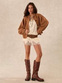 Easelle Vintage Bohemian Ruched Loose Fit Women's Jacket - Brown - View 5