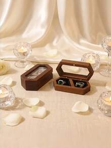 1 Pack Double Compartment Black Walnut Wood Vintage Shaped Ring Box With Clear Viewing Window Soft Velvet Lining Secure Magnetic Closure For Wedding Band Storage Engagement Proposal Anniversary Valentine Gift - Multicolor - View 11