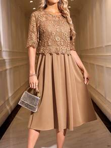 SHEIN Clasi 女款花卉刺繡圖案休閒派對旅行中長洋裝 - 駝色 - 查看 3