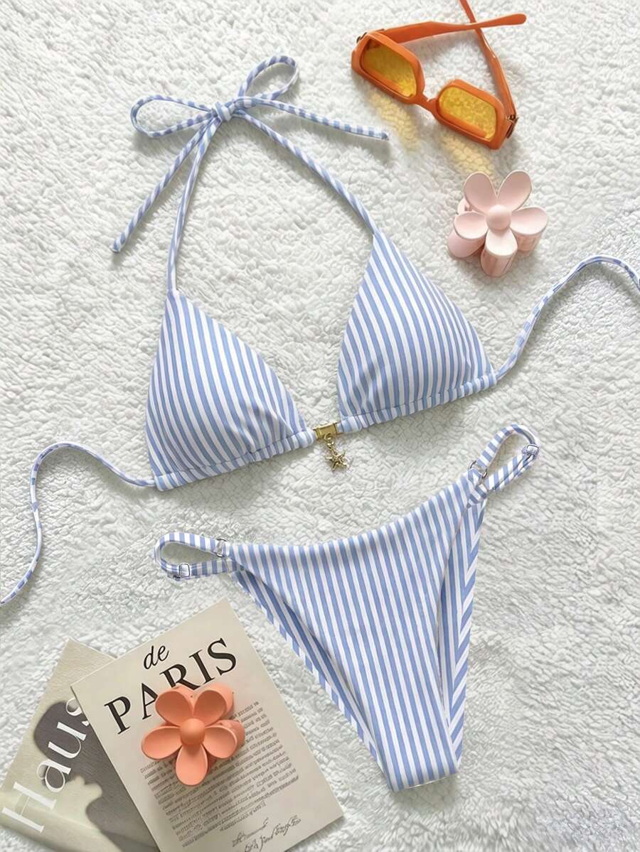Soleia Women's Retro Striped Print Swimwear Set, Suitable For Beach, Bikini - Multicolor - View 1