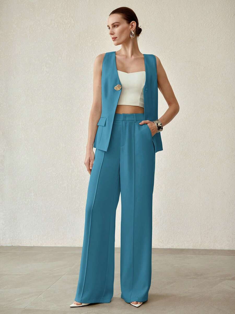 MOTF PREMIUM WOMEN'S SUIT VEST & SLANT POCKET PANTS OUTERWEAR, SLEEVELESS TWO PIECES SET - Blue - View 1