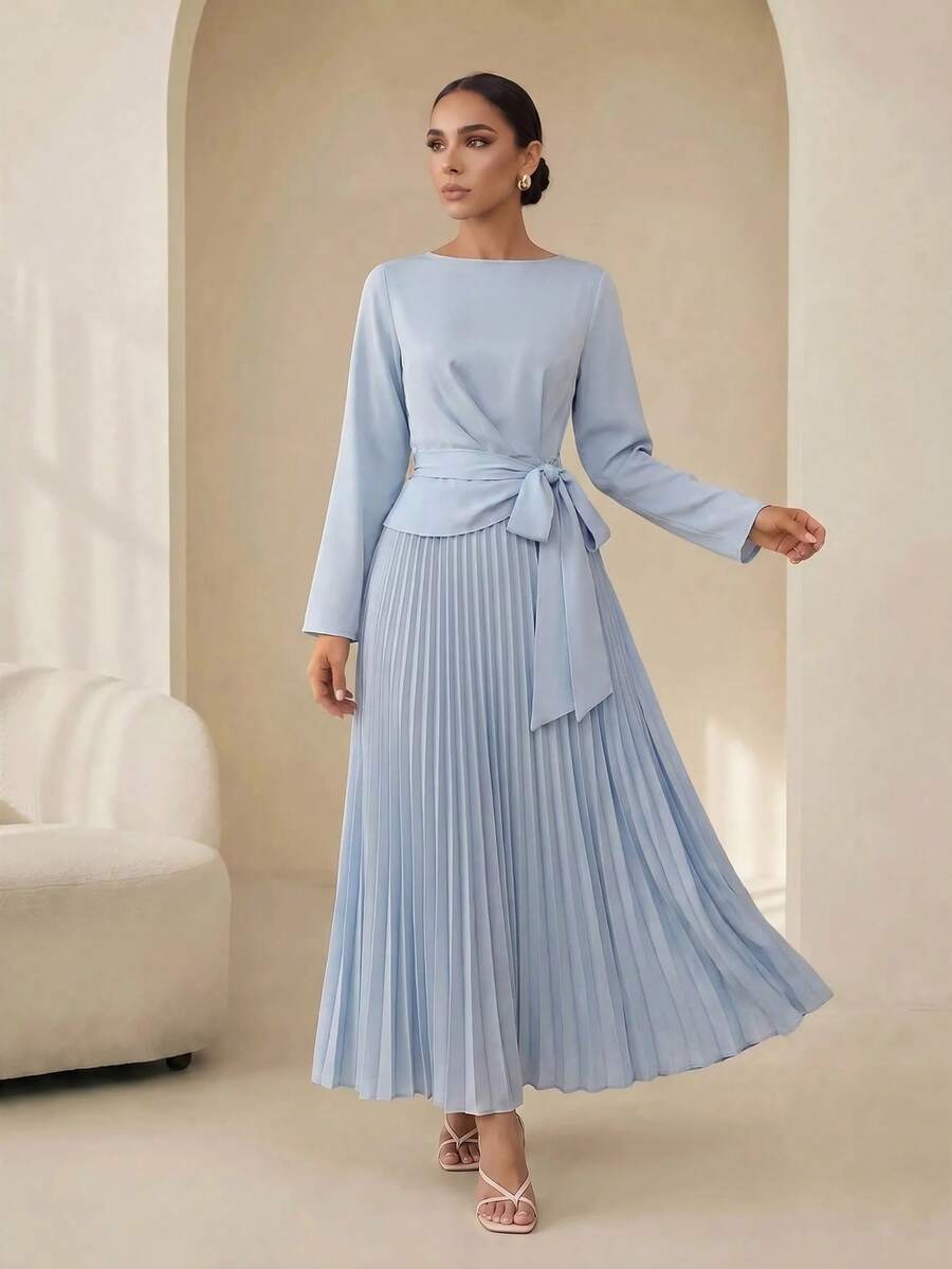 Graceveil 柔和優雅性感端莊兩件套，秋季婚禮高爾夫新娘端莊套裝，腰帶設計百褶洋裝