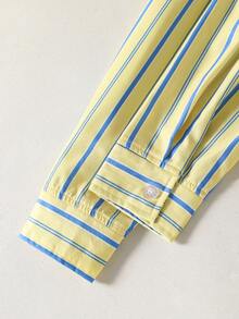 SHEIN Tween Girl Collared Long Sleeve Shirt And Striped Pants Set - Multicolor - View 7