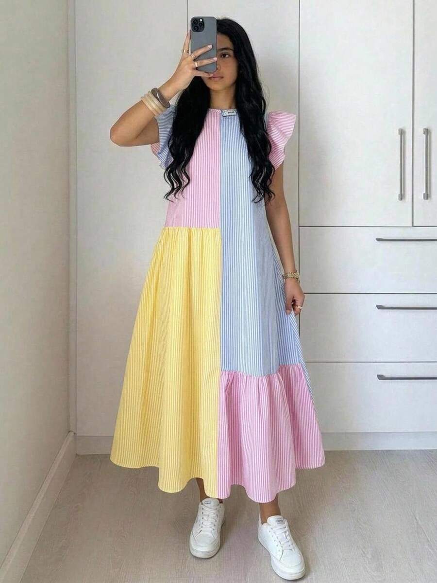 SHEIN Gaun Remaja Perempuan Kasual Sehari-hari Serbaguna Nyaman Motif Patchwork Kontras Warna Lengan Bergelombang - MultiWarna - View 1
