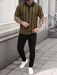 Manfinity Homme 男士拼色翻領短袖 Polo 衫，復古幾何提花休閒上衣 - 軍綠色 - 查看 3