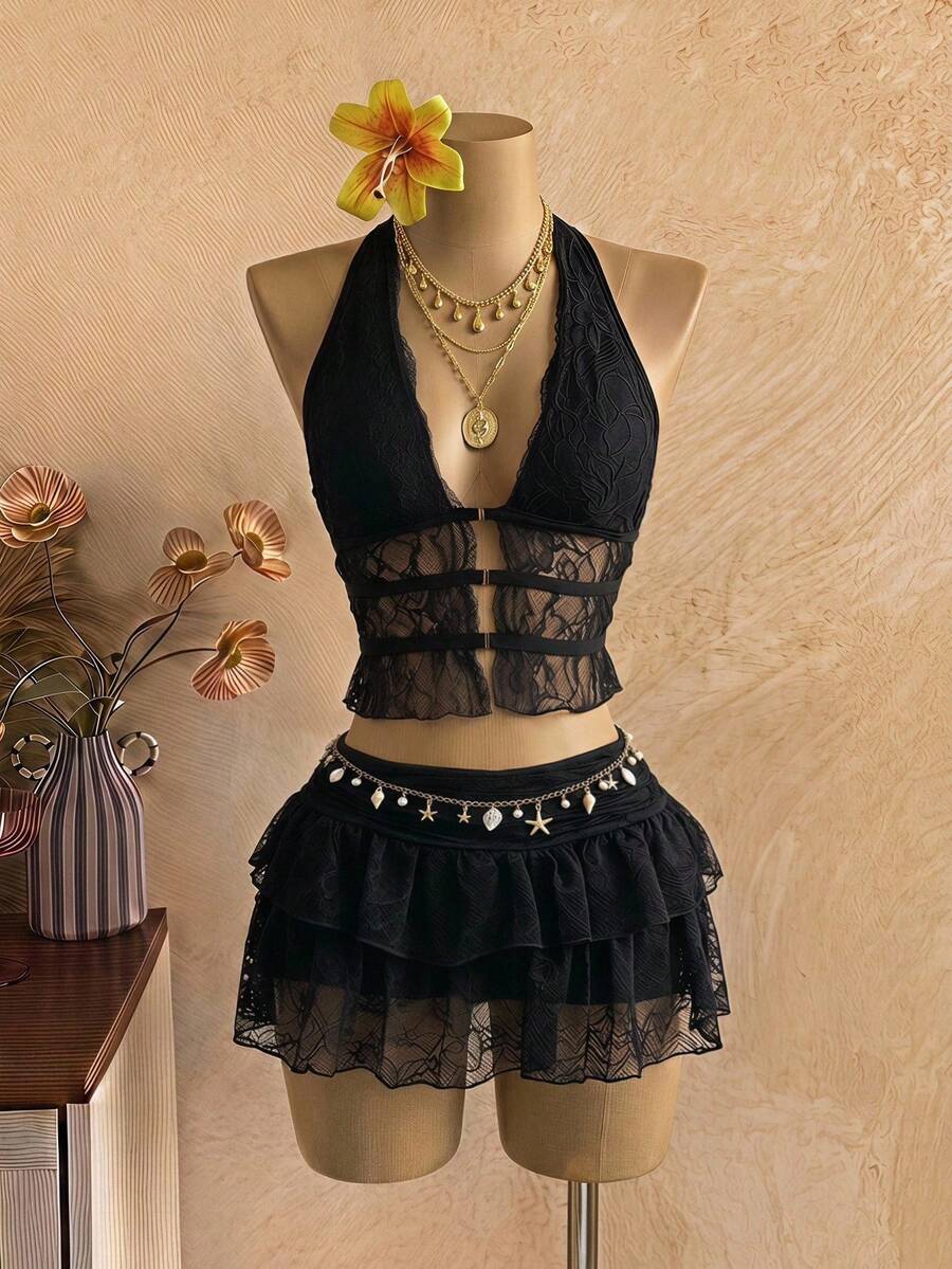 EgrlEra Women's Sexy Y2K Style Lace Backless Halter Top And Mini Skirt 2 Pieces Set Club Night Black Summer - Black - View 1
