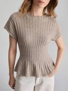 Ontre Women's Solid Color Round Neck Batwing Short Sleeve Cinched Waist Ruffle Hem Knit Top - Mocha Brown - View 2