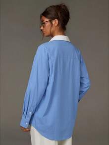 Athîral 女款時尚簡約單排扣長袖襯衫，適合日常穿著 - 藍色 - 查看 2