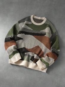 ROMWE MEN Men's Colorblock Crew Neck Long Sleeve Casual Loose Fit Sweater - Green - View 4