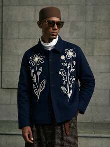 AKNOTIC Men's Floral Embroidered Pattern Casual Versatile Daily Wear Winter Long Sleeve Jacket - Blue - View 5