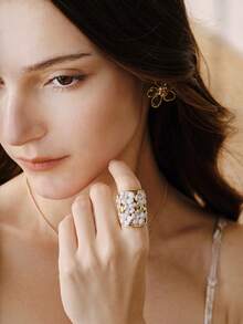Opalesca 18K Gold Plated White Flower Exquisite Fashion Open Ring - Yellow Gold - View 9