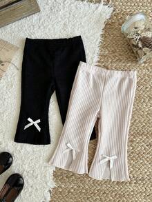 SHEIN Vintaside Kids 2件組女嬰休閒舒適微辣開衩長褲可愛蝴蝶結女嬰休閒長褲套裝 - 彩色 - 查看 3