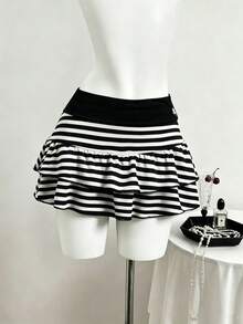 SHEIN Unity Women's Summer Sexy Mini Striped Fashion Versatile Casual Skirt, Suitable For College Style, Vacation - Black and White - View 6
