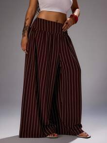 Rustia Plus Size Casual Striped Wide Leg Pants Fall - Brown - View 6