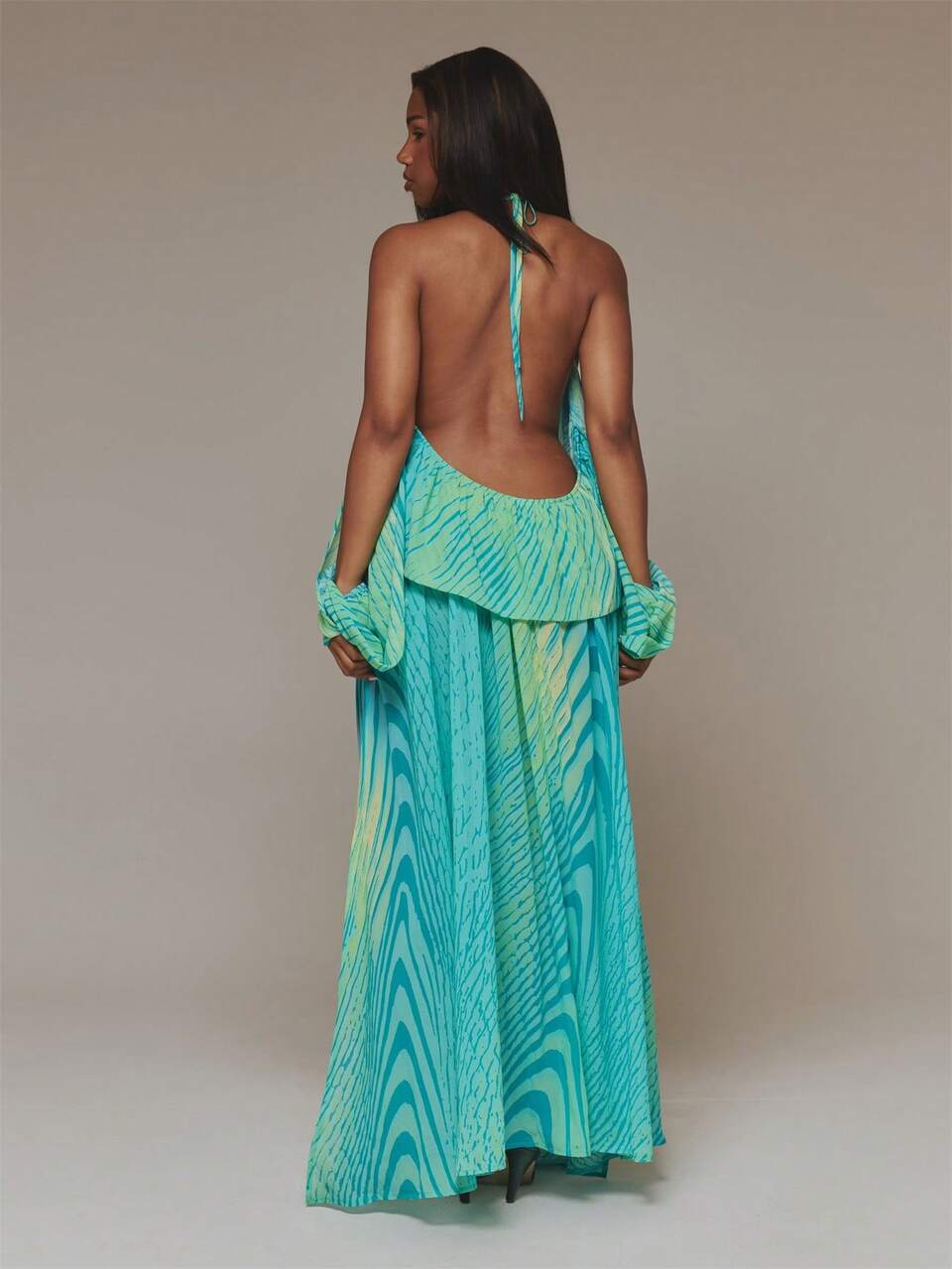 Blue And Green Mixed Print Pleated Chiffon Open Sleeve Maxi Dress