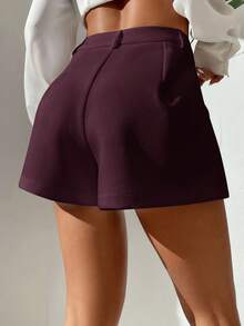 SHEIN PETITE 女款純色百搭口袋鈕扣商務辦公短褲 - 酒紅色 - 查看 2