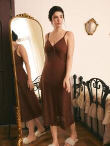 Côtesoire French Elegant Romantic Solid Color Lace Patchwork Spaghetti Strap Slim Fit Long Women's Nightgown - Brown - View 1