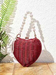 SHECARRY Tas Bahu Miring Berongga Tenun Tangan Murni Bentuk Hati Merah yang Unik dan Dipersonalisasi untuk Wanita, Mutiara Indah, Cocok untuk Liburan Musim Panas, Pantai, Tepi Laut - jujube - View 2