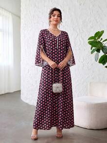 Yasmyna Elegant V-Neck Pearl Trim Patchwork Floral Print Loose Fit Slimming Flattering Full Skirt Romantic Women's Dress - Multicolor - View 3