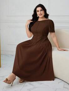 Modelyn Plus Size Women Solid Color Pleated Casual Party Dress - Coffee Brown - View 6