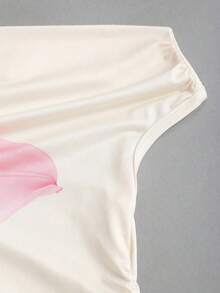 Elenzga Plus Size White Base Large Pink Lily Floral Print Off Shoulder Short Sleeve Ruched Fitted Crop Top Women Lightweight Summer Daily Going Out Casual Top - Multicolor - View 4