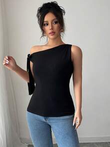 Elenzga Plus Size Women's Elegant Solid Color Asymmetrical Neck Fitted T-Shirt, Summer - Black - View 4