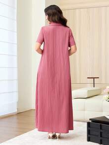 Al Najma Textured Fabric Casual Flared Shirt Collar Daily Women's Arabian Dress - Coral Pink - View 2