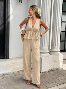 Serisse Casual Minimalist Khaki Striped Women's 2 Pieces Set, Suitable For Summer - Apricot - View 5