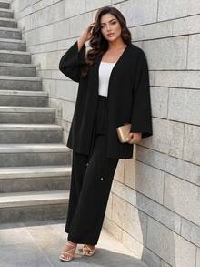 SHEIN Lady CURVE 大尺碼女款兩件套，優雅休閒修身長袖前綁帶上衣與高腰長褲，秋季休閒居家服，黑色度假風 - 黑色 - 查看 4